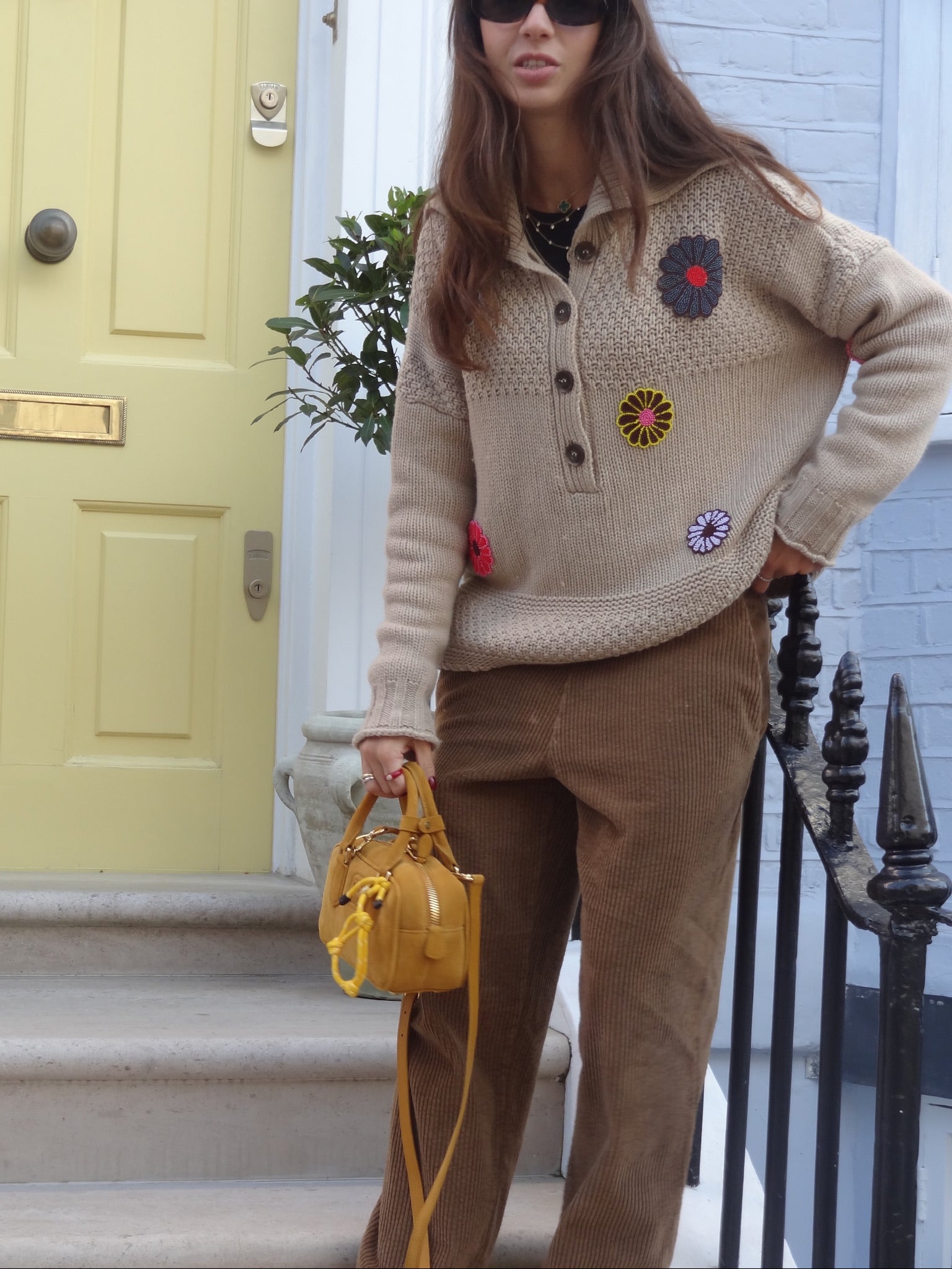 Beige Floral Beaded Knit Sweater