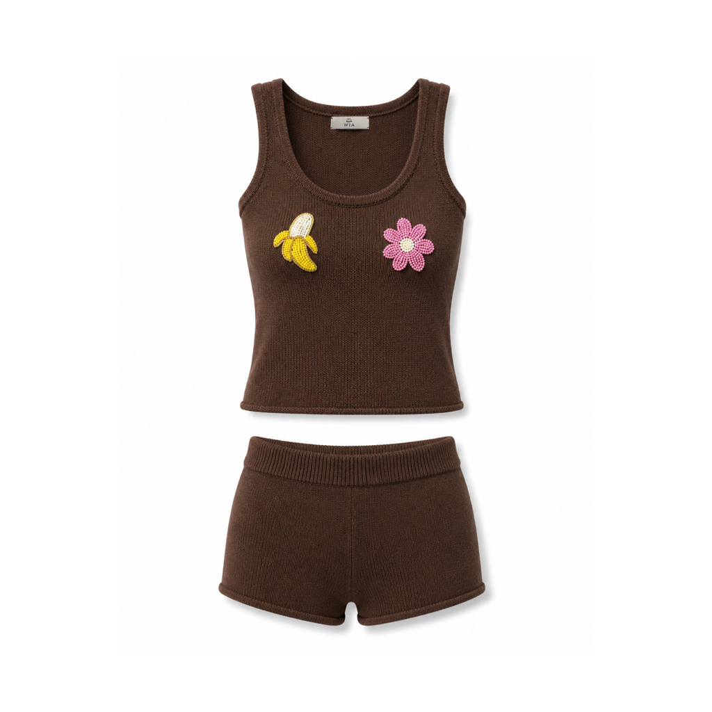 Brown beaded knit set tank top and shorts