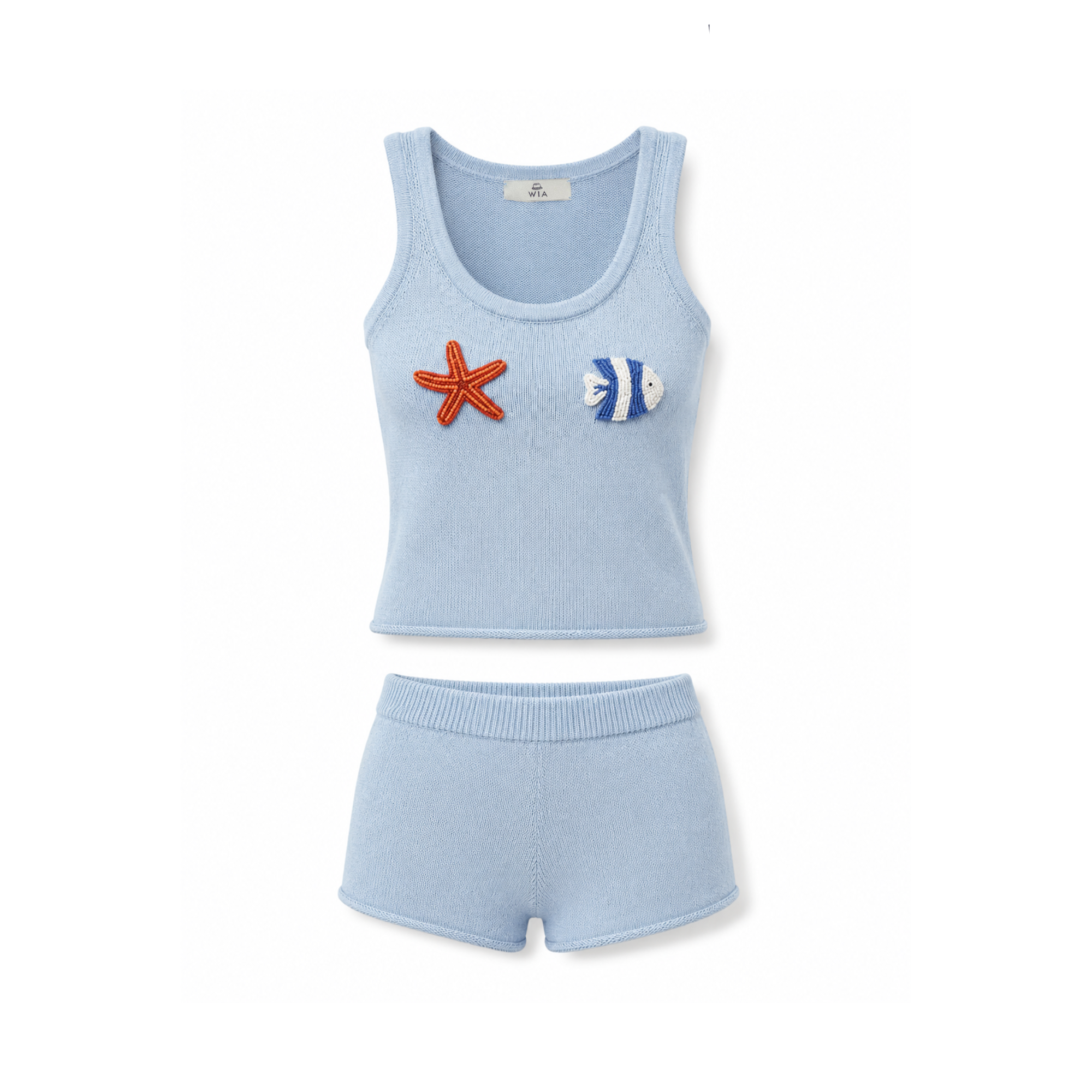 Blue beaded knit set tank top and shorts