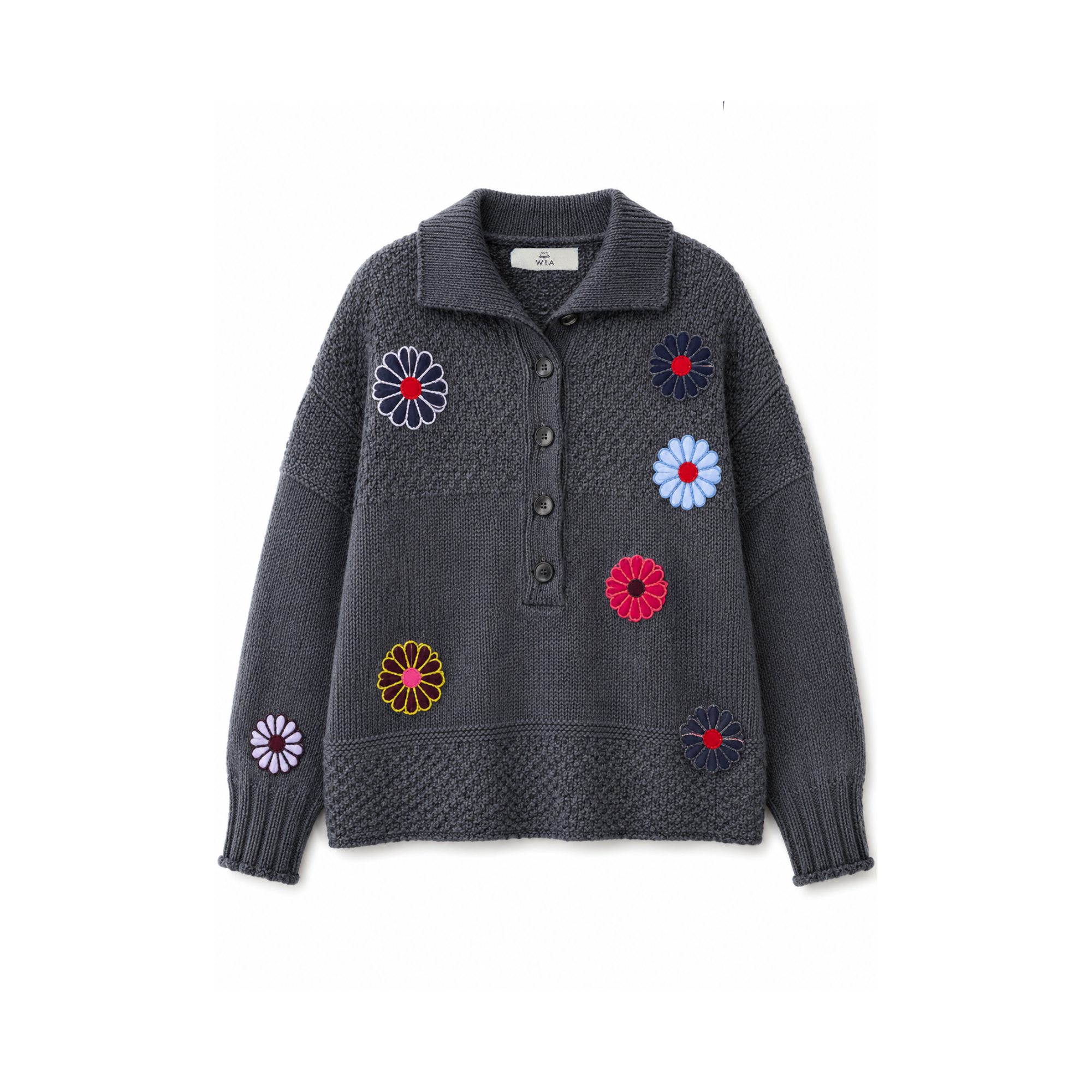 Grey Floral Beaded Knit Sweater