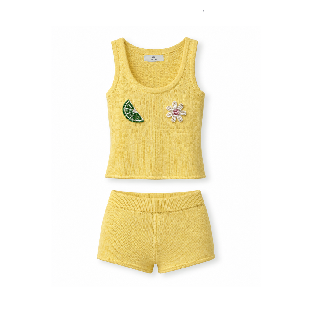 Yellow beaded knit set tank top and shorts