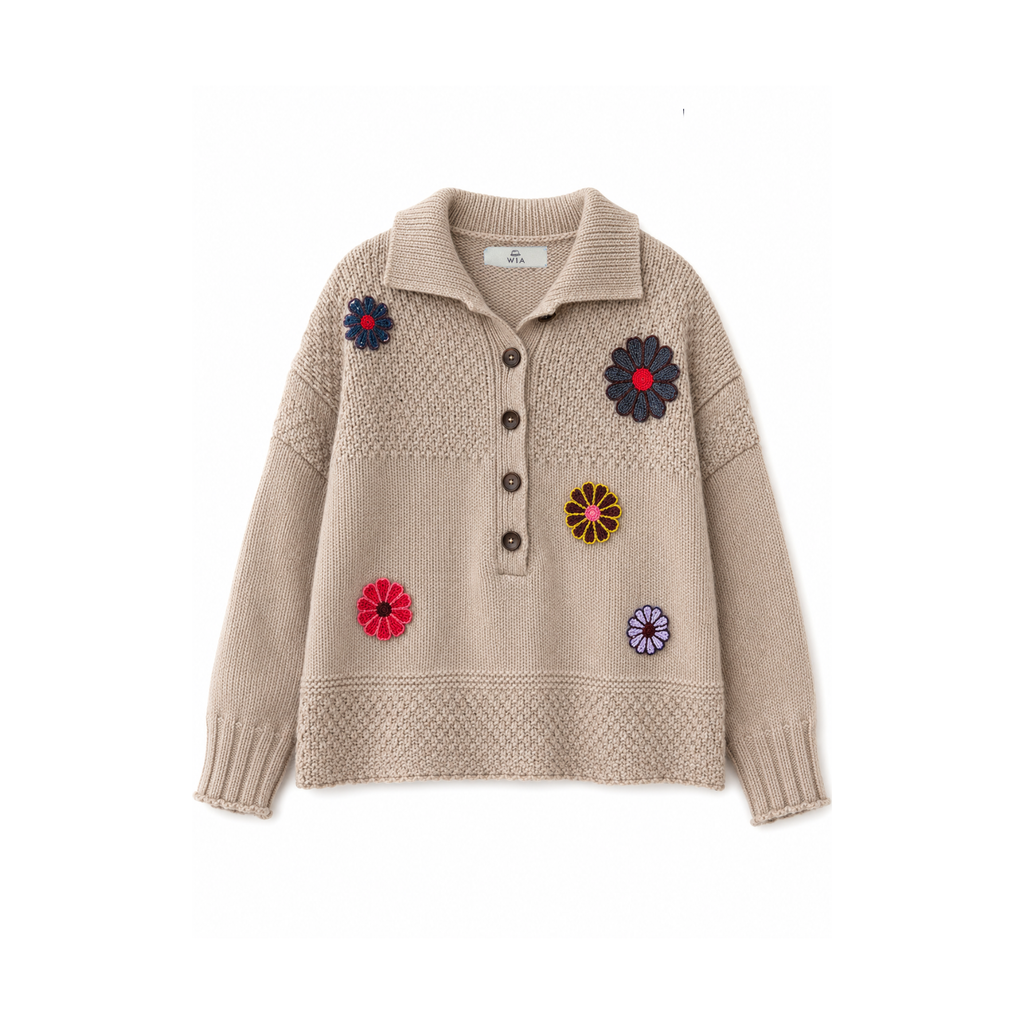 Beige Floral Beaded Knit Sweater