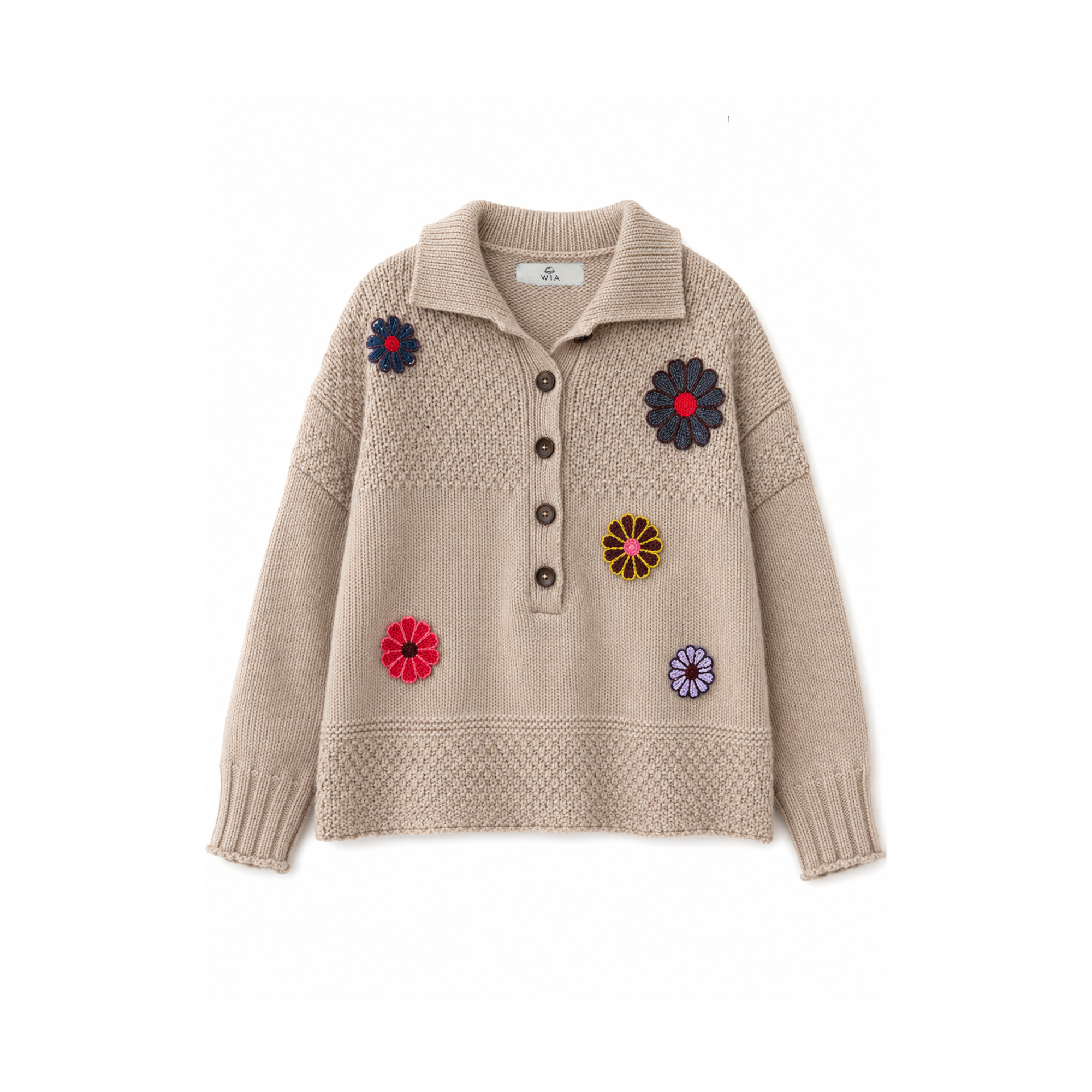 Beige Floral Beaded Knit Sweater