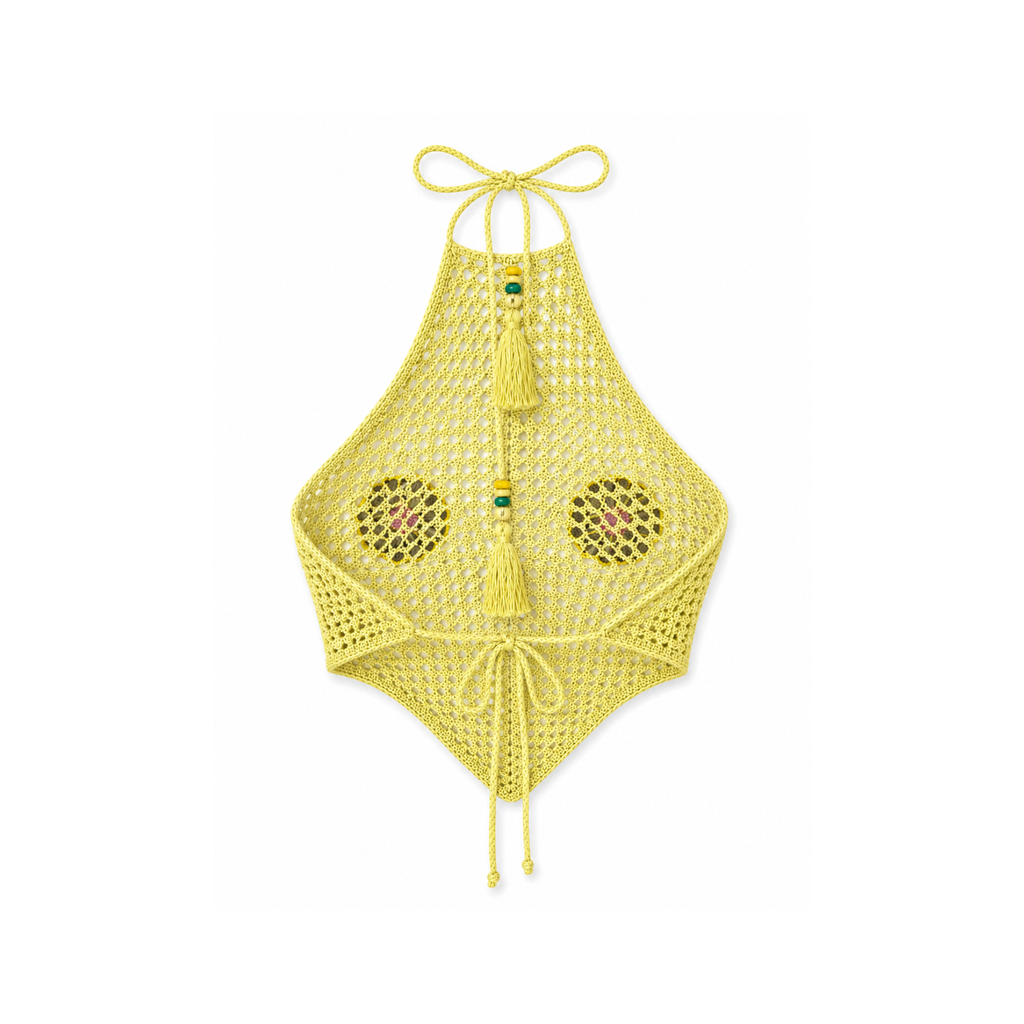 Crochet Halter Top with Beaded Daisy Patches - Yellow