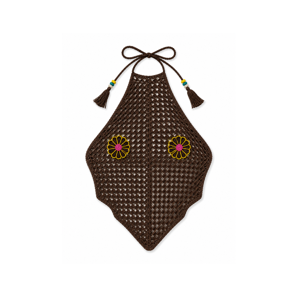 Crochet Halter Top with Beaded Daisy Patches - Brown