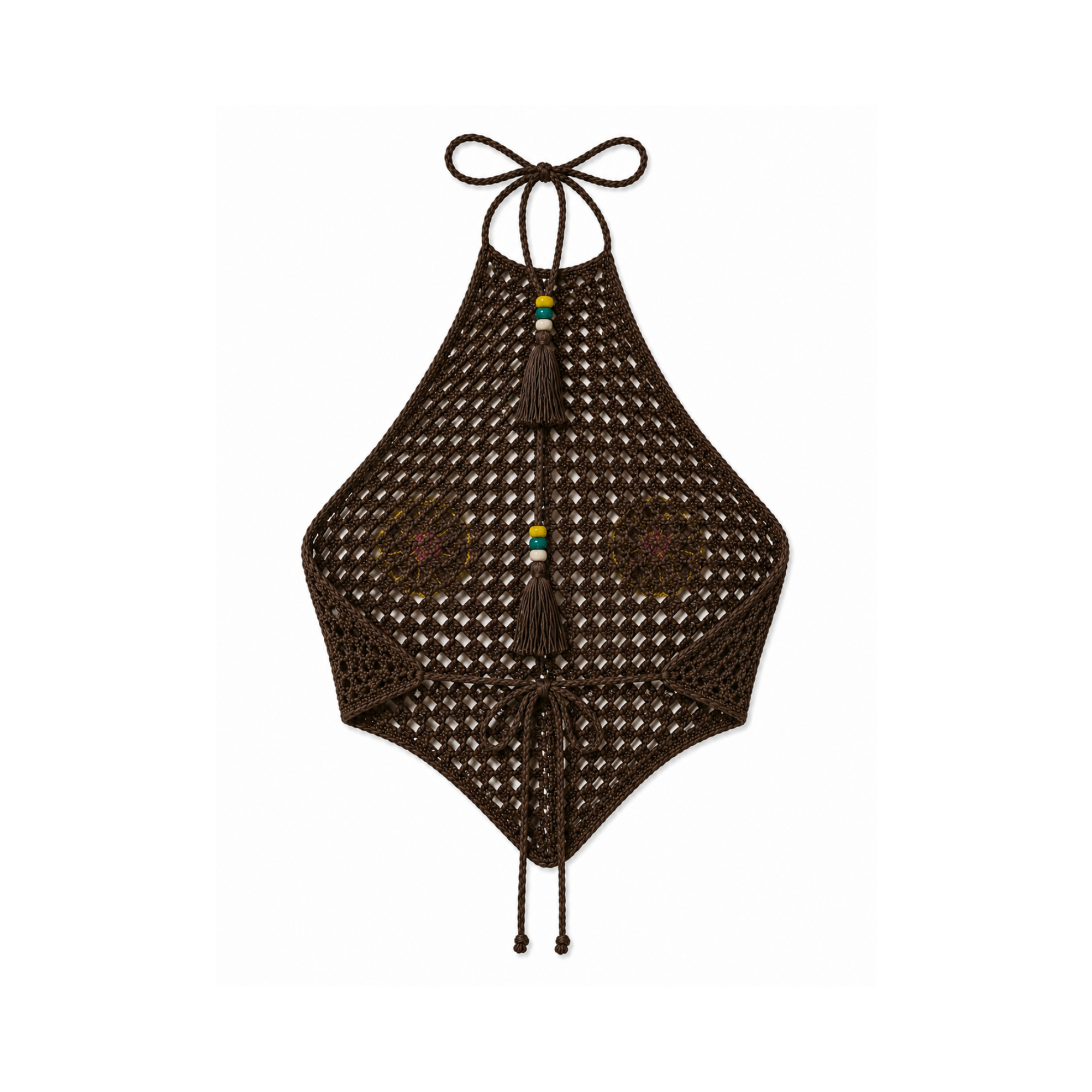 Crochet Halter Top with Beaded Daisy Patches - Brown