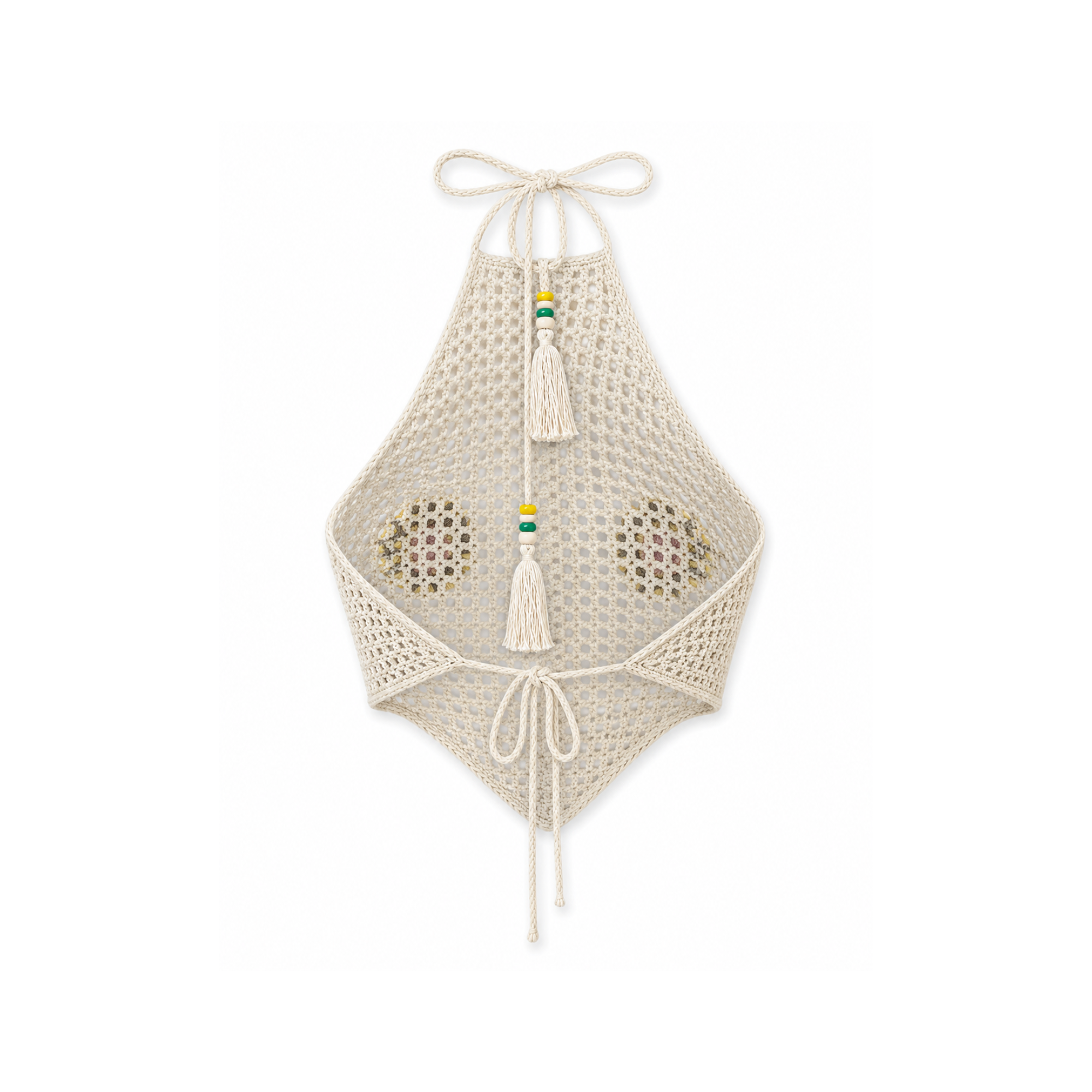 Crochet Halter Top with Beaded Daisy Patches - White