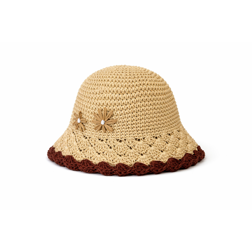 Raffia Bucket Hat with Beige Daisy Appliqué