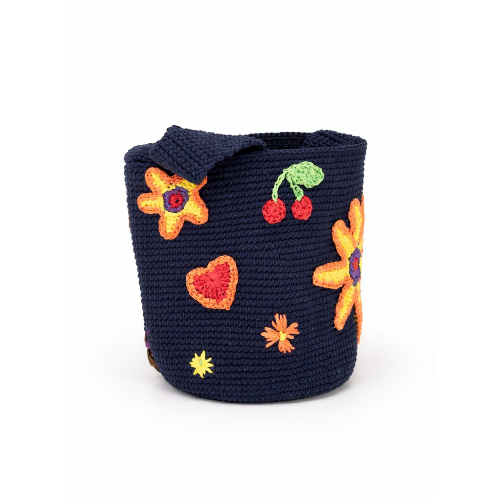 Embroidered Flower Tote in Navy