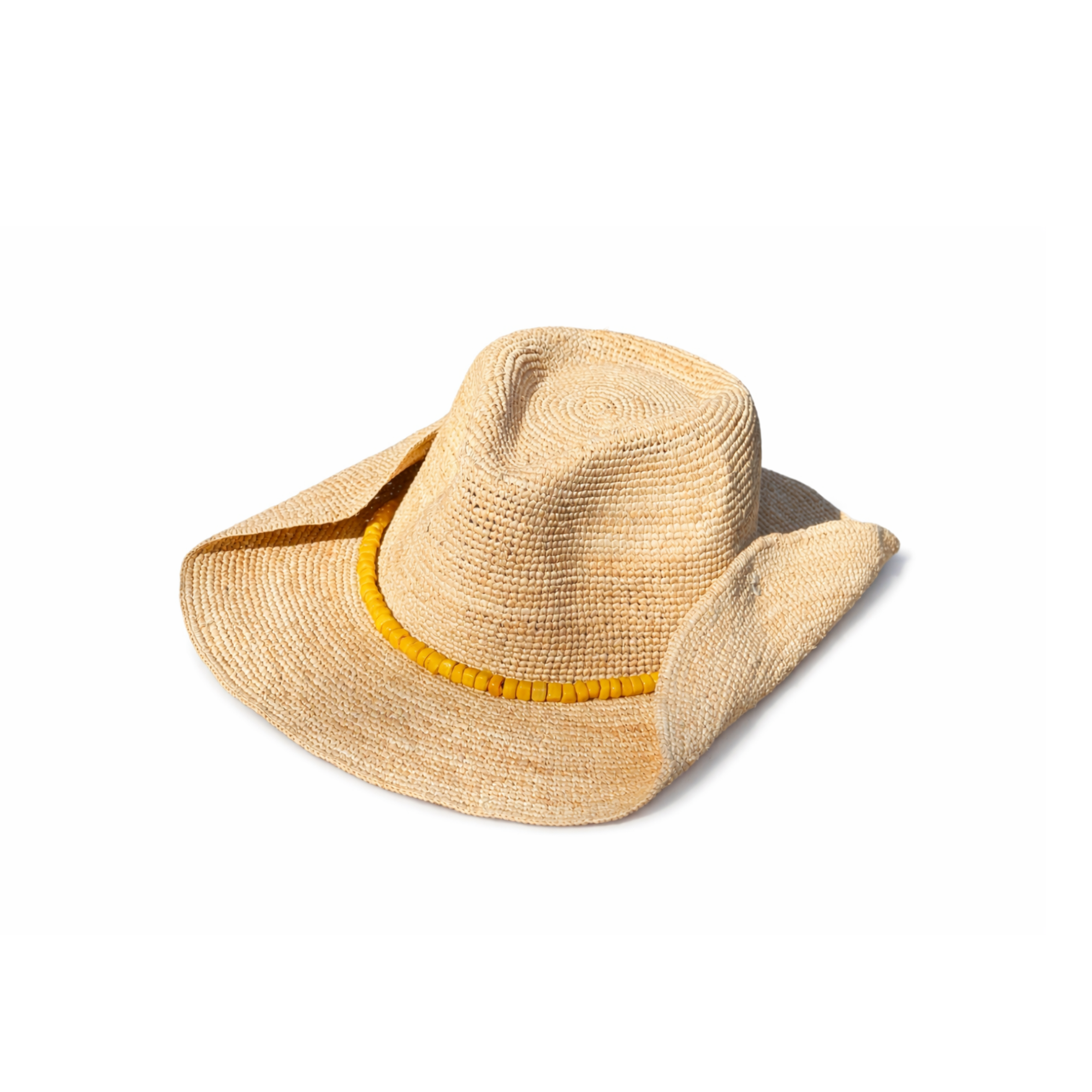 Beaded Raffia Hat in Natural with Yellow Beads