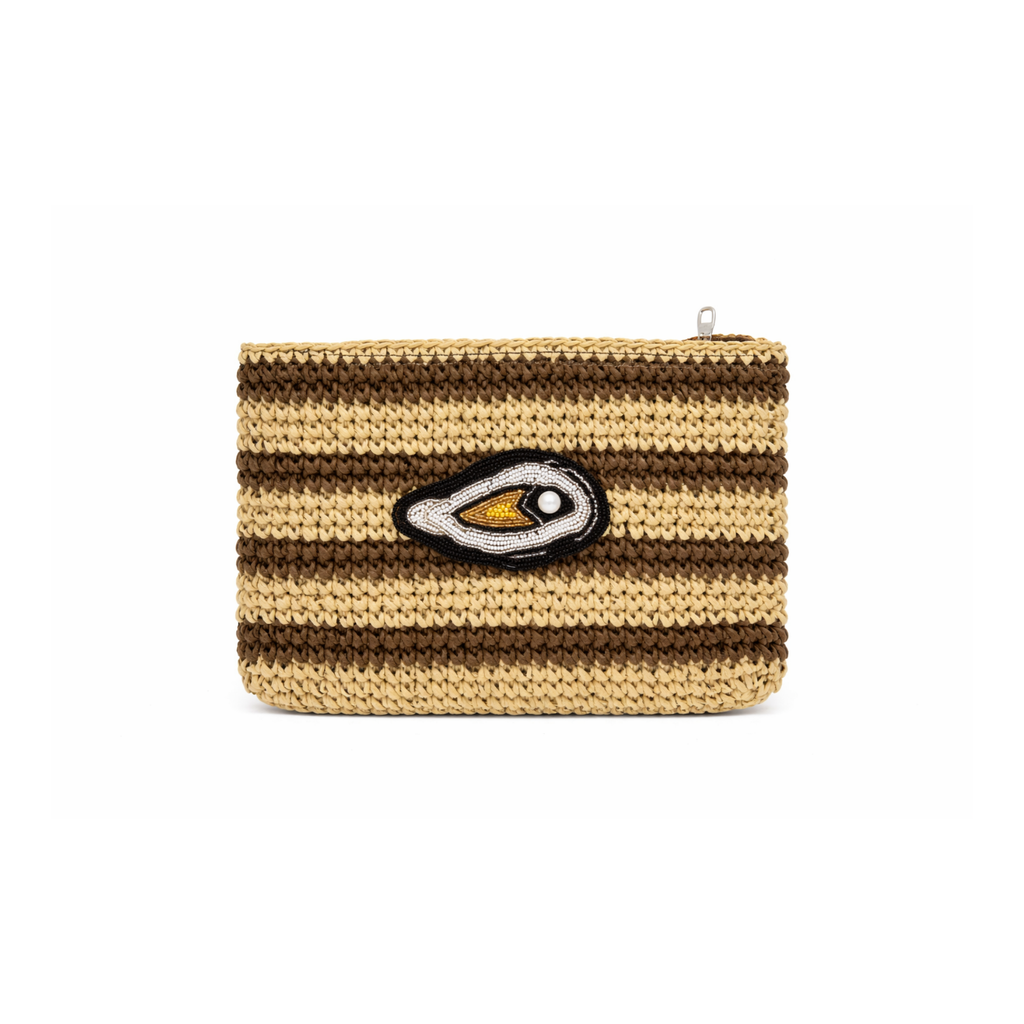 Straw Oyster Striped Clutch