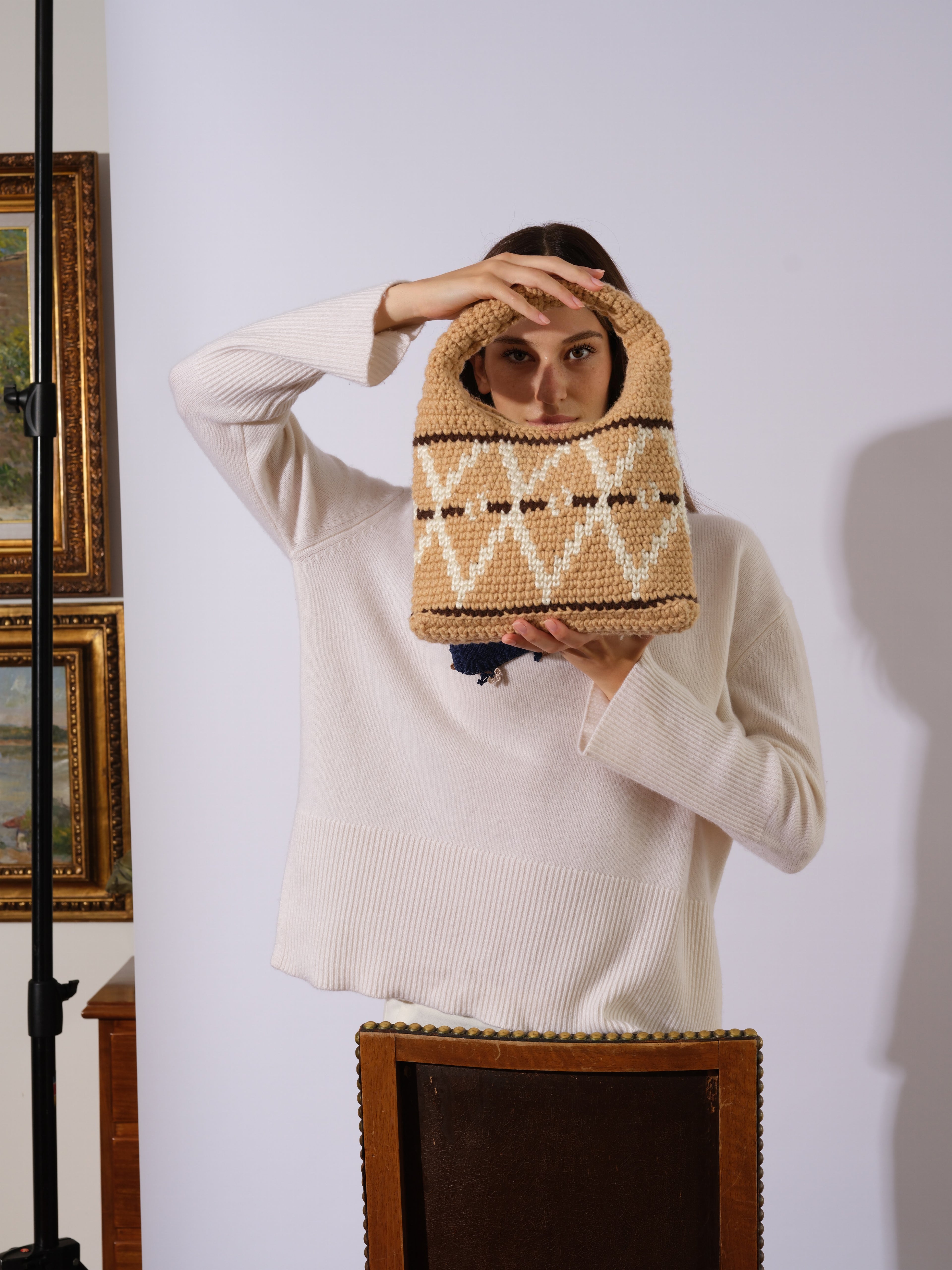 Bej Küçük Wool Hobo Bag