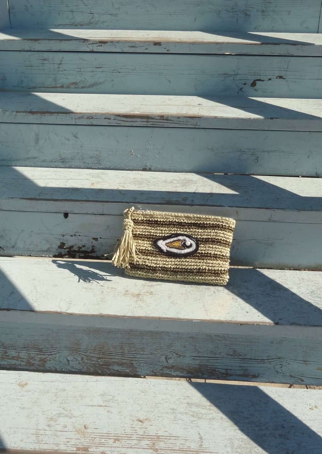 Straw Oyster Striped Clutch