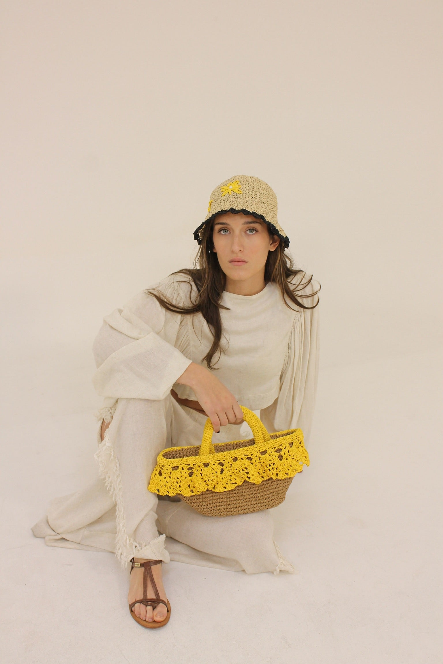 Lace Basket Bag in Yellow