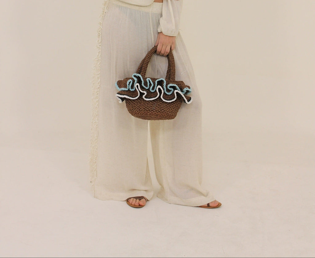 Ruffle Basket Bag in Brown and Blue