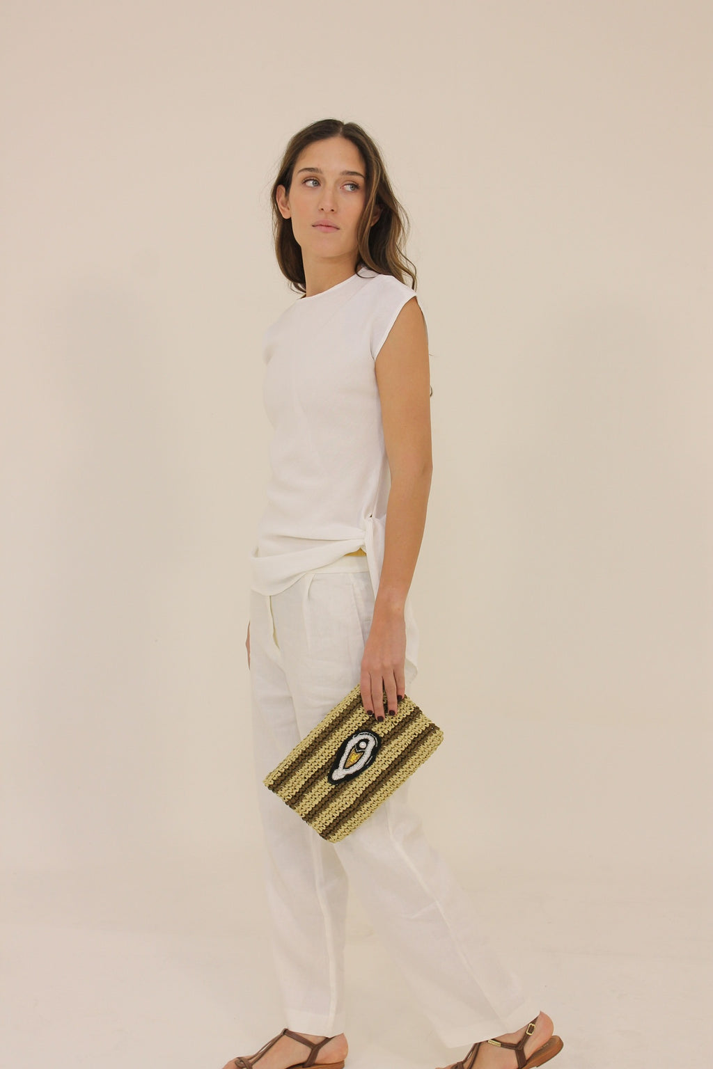 Straw Oyster Striped Clutch