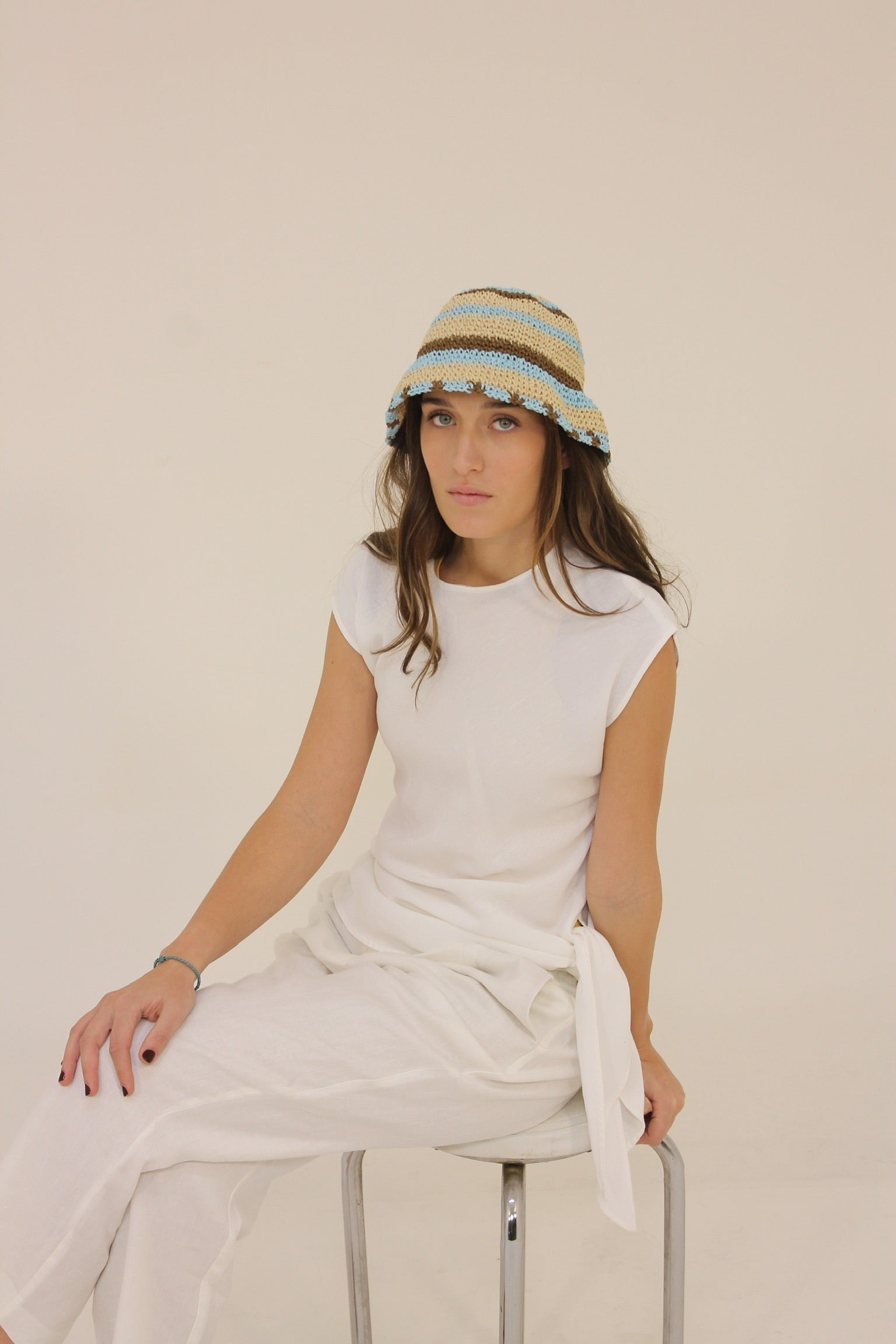 Striped Bucket Hat in Blue & Brown