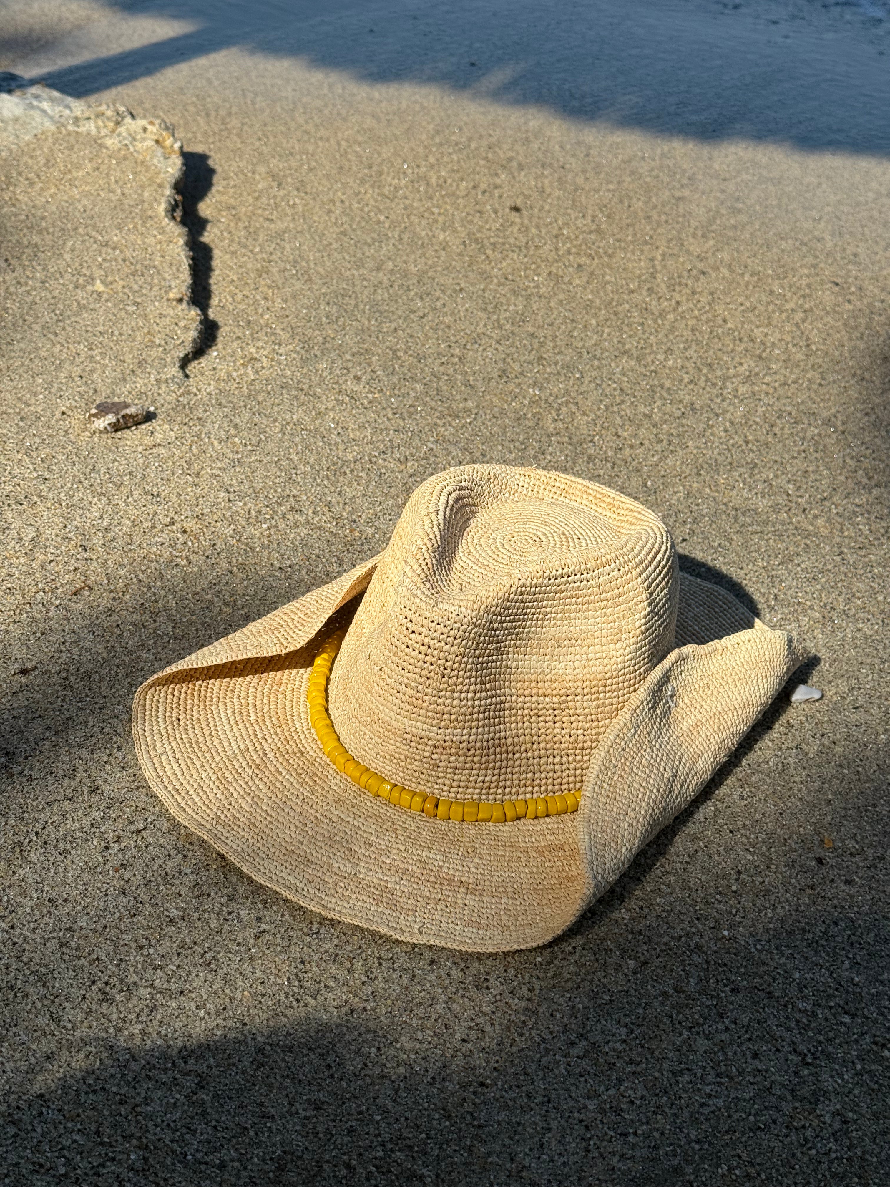 Beaded Raffia Hat in Natural with Yellow Beads