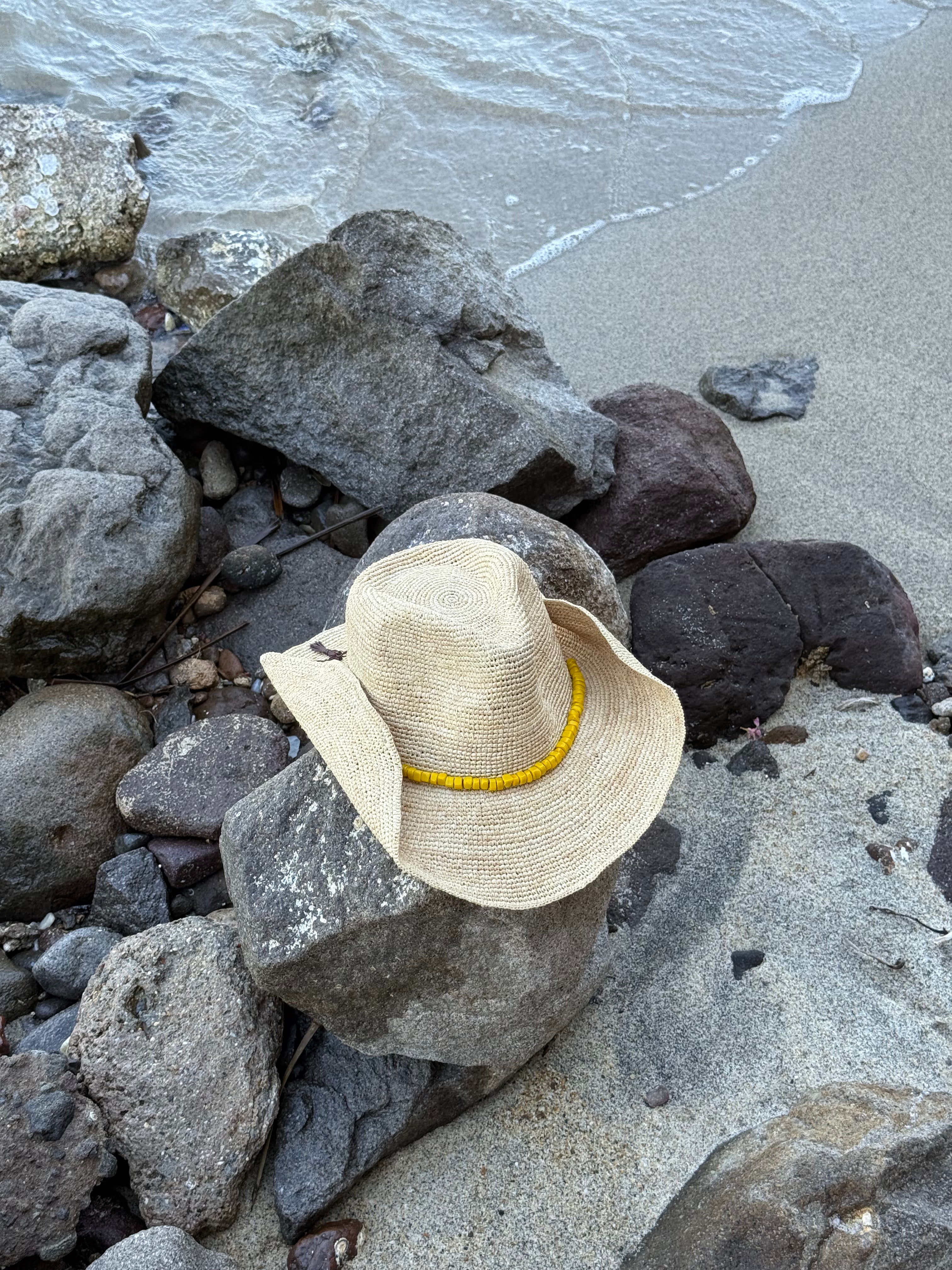 Beaded Raffia Hat in Natural with Yellow Beads
