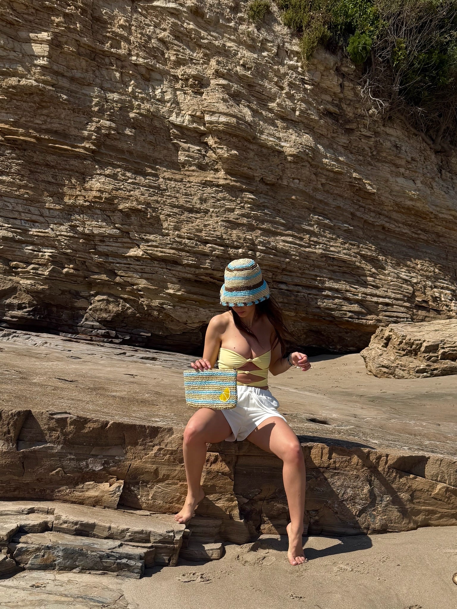 Straw Lemon Striped Clutch