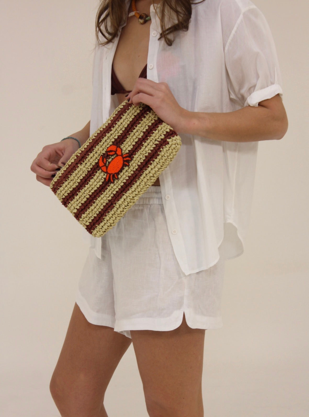 Straw Crab Striped Clutch