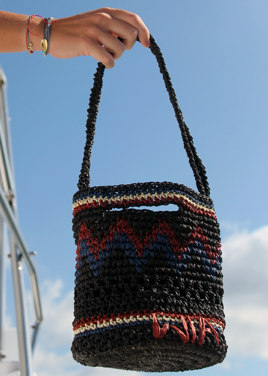 Straw Mini Bucket Bag in Black