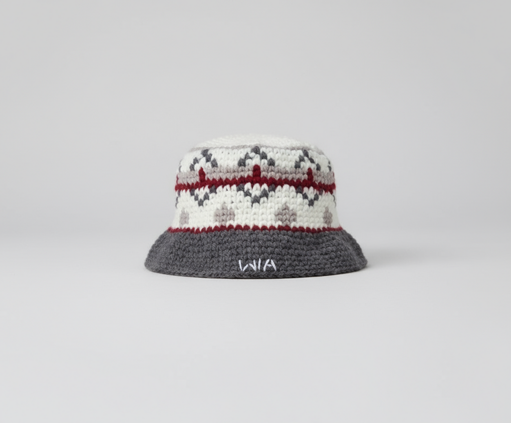 Koyu Kırmızı ve Gri Yün Kova Şapka