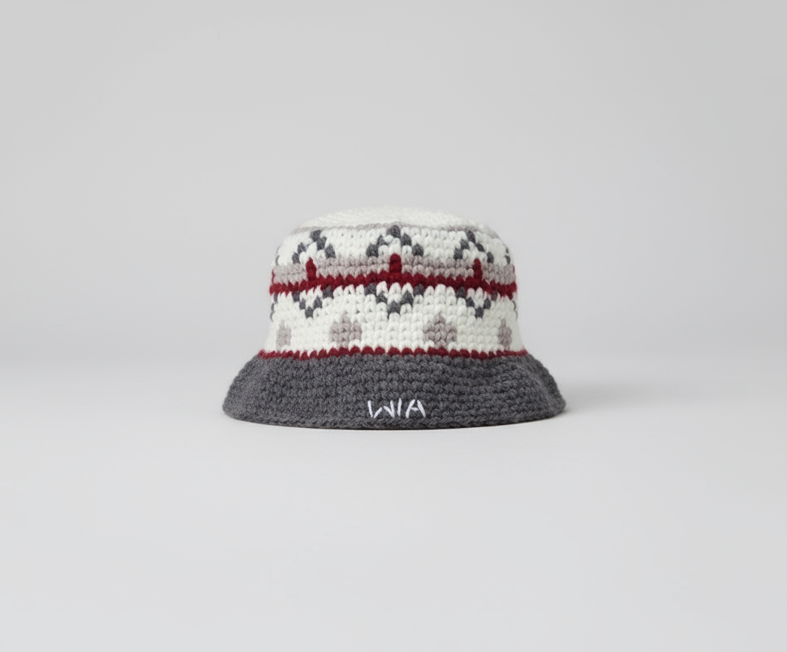 Koyu Kırmızı ve Gri Yün Kova Şapka