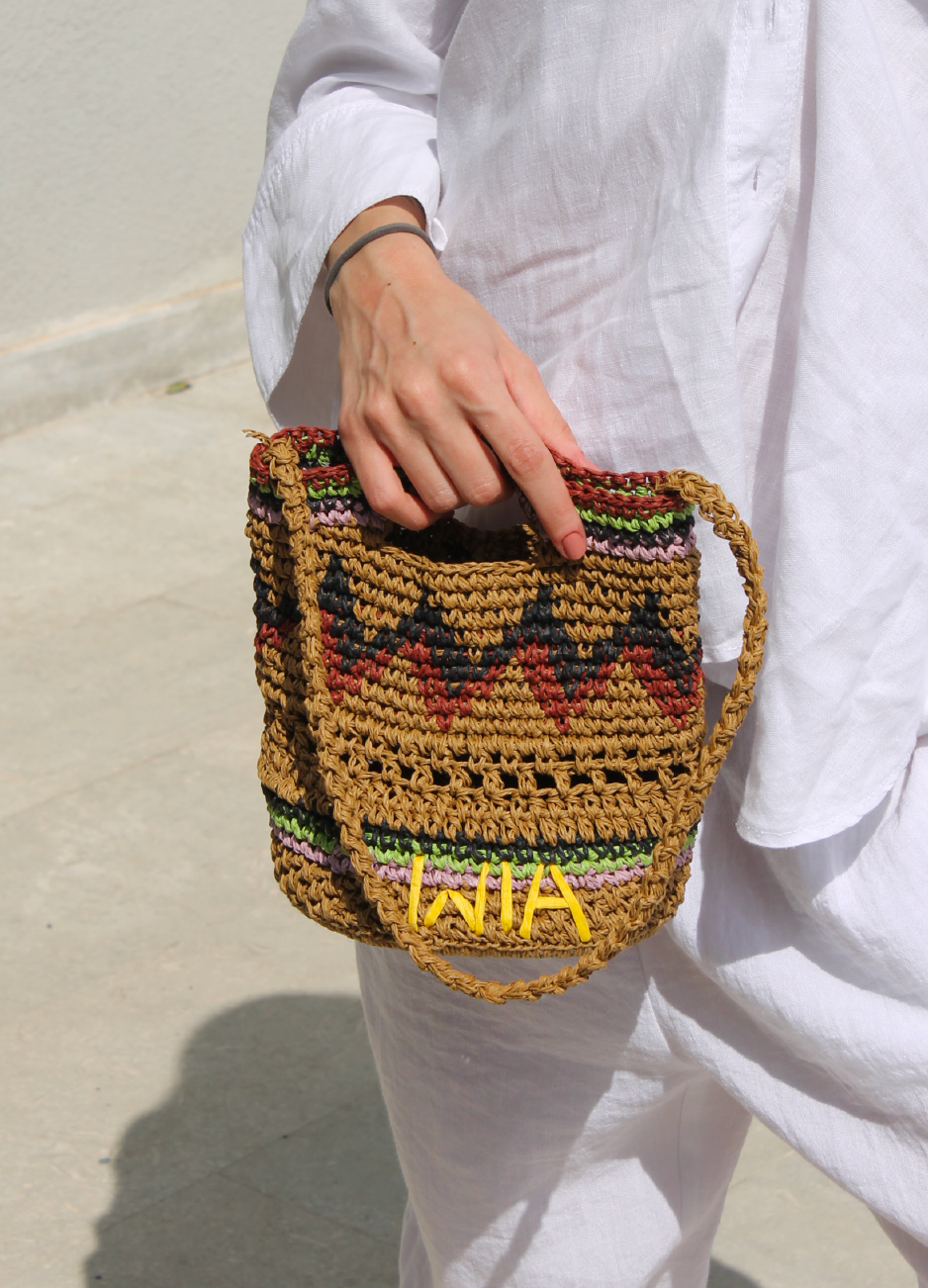 Straw Mini Bucket Bag in Beige